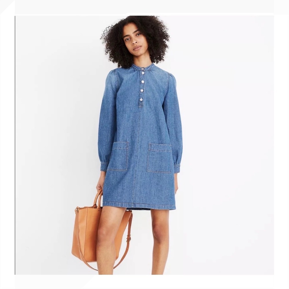 Madewell Denim Button Front Shift Dress Blue Linen‎ Blend Long Sleeve Medium